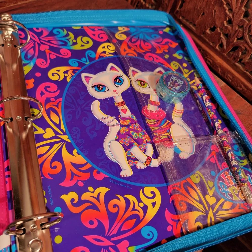 Vintage Y2K Lisa Frank Siamese Cats Roxi & Rollie Zipper 3 Ring Binder, Folders